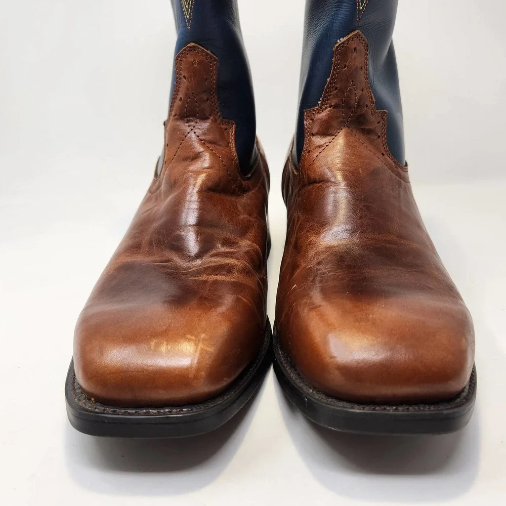 Road Wolf Mens Blue Brown Leather Western Cowboy Boots 8 M Broad Square Toe
